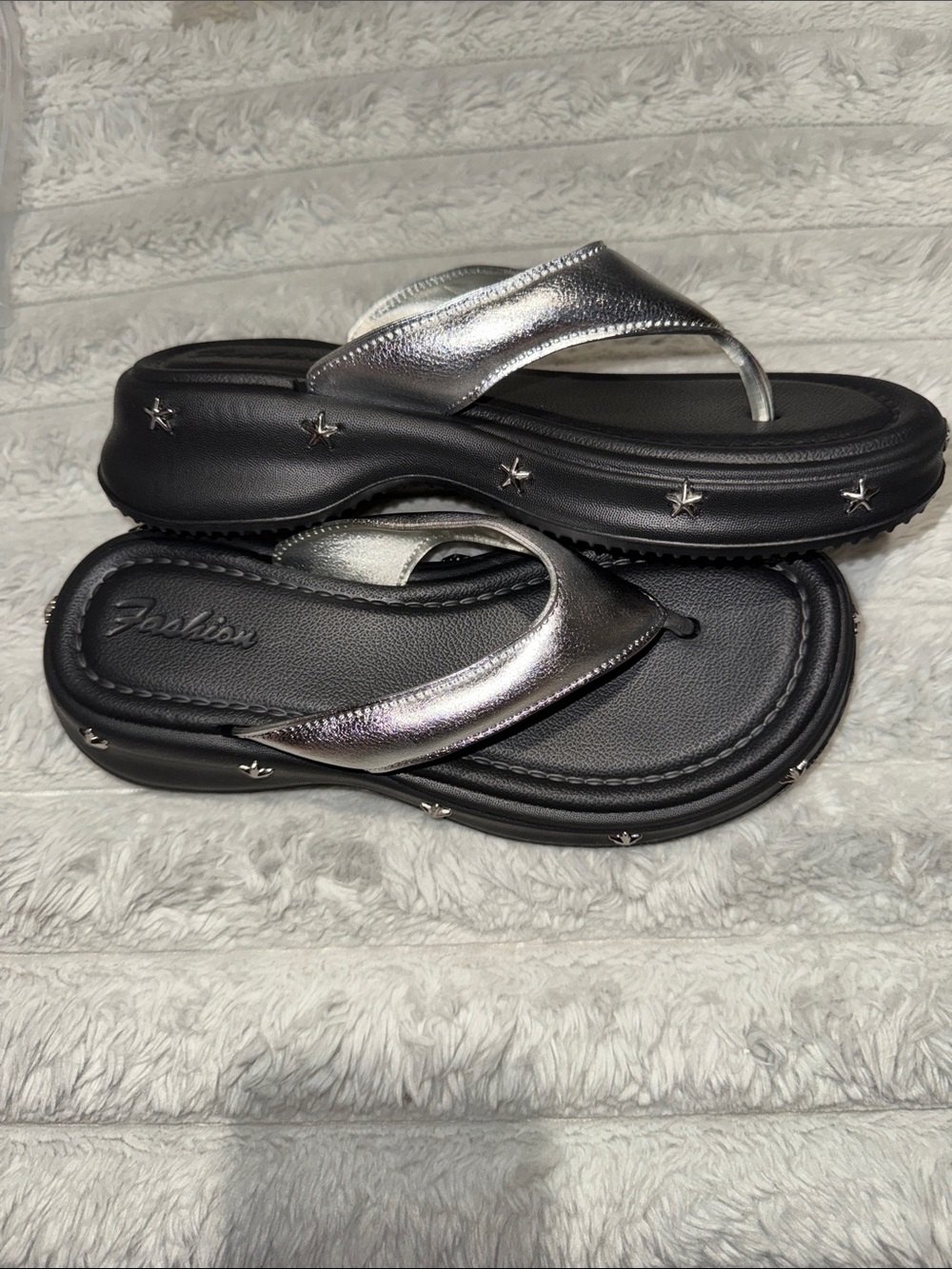 Metallic Silver Star-Stud Platform Flip-Flops for Women